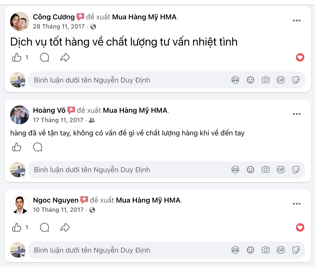 Đánh giá khách hàng về dịch vụ và chất lượng hàng HMA